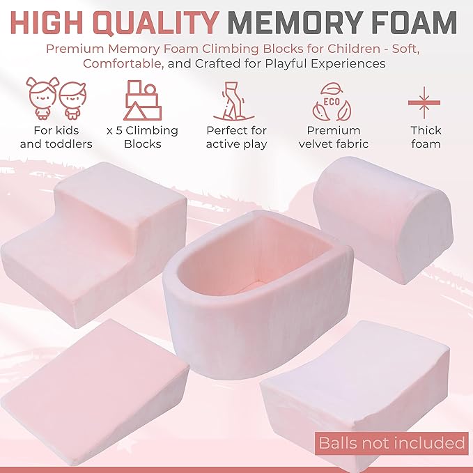 Foam Climbing Blocks for Toddlers 1-3 - Climb and Crawl Activity Playset - Indoor Activity Play Structure for Toddlers - Foam Soft Play Set for Babies - 5 PCS - Balls NOT Included - Pink