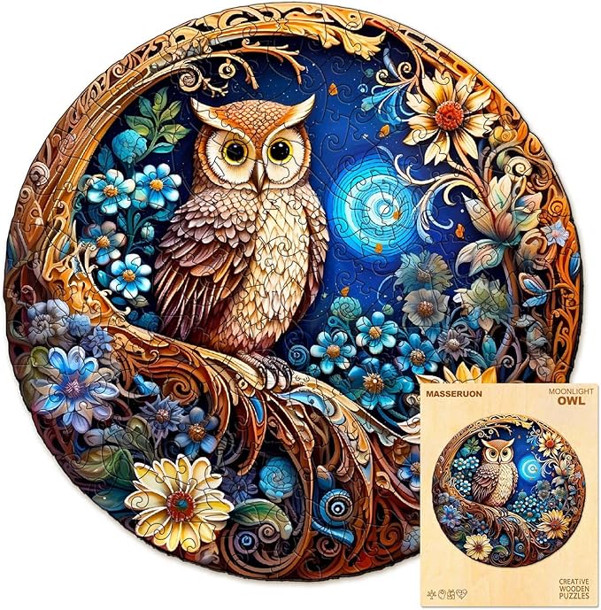 masseruon Owl Jigsaw Puzzles for Adults, 300 Piece Puzzles for Adults-Moonlight Owl(L, 13.4x13.4in), Unique Round Jigsaw Puzzles, Beautiful Animal Shaped Puzzles, Christmas Family Game Birthday Gift
