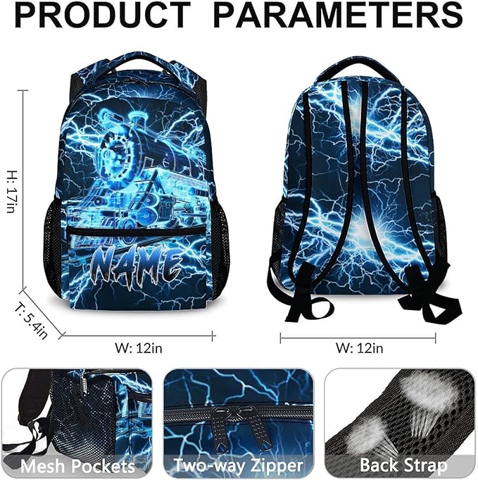 Kids Backpack for Boys, Personalized Train Schoolbag Casual Bag for Primary Senior Middle, 17 Inch Lightweight Durable Custom Lightning Backpacks, Cool Back to School Gift
