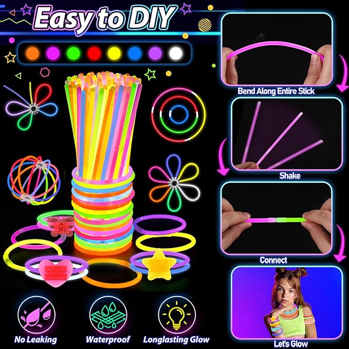 112PCS Glow in the Dark Party Supplies for Kids Adults, Light Up Party Favors with Light Up Glasses, 50 Glow Sticks Bulk Pack for DIY Bracelets Necklaces, Neon Party Supplie Decorations for Hallowee