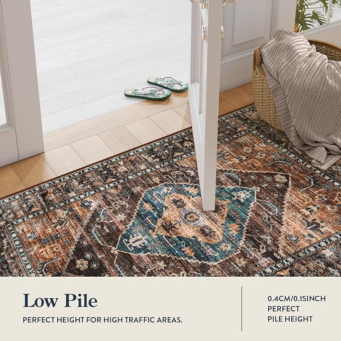 Lahome Washable Living Room Area Rug - 3x5 Non-Slip Ultra-Thin Rugs for Entryway, Throw Small Stain Resistant Kitchen Rugs, Vintage Medallion Print Carpet Rug for Office Bedroom Laundry Room Office