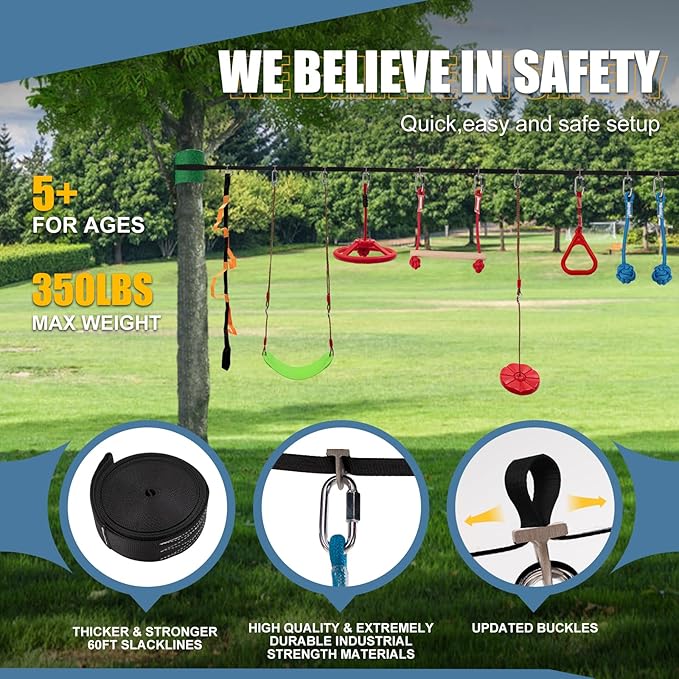 Slsy 60FT Ninja Warrior Obstacle Course for Kids, Complete 13-Obstacle Slackline Kit with Monkey Bar, Swing, Balance Belt, Climbing Ladder & Net, Durable Outdoor Playset Equipment