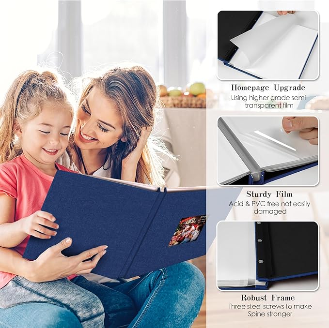 Spbapr Large Photo Album Self Adhesive 60 Pages Linen cover DIY Magnetic Scrapbook album with A Metal Pen Hold 4x6 5x7 6x8 8x10 10x12 Pictures Blue