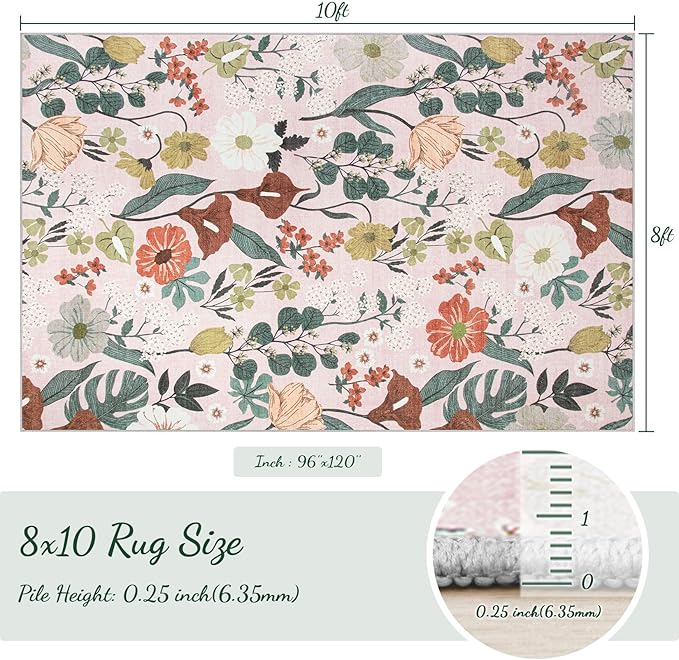 8x10 Area Rug for Living Room: Vintage Floral Washable Rug Soft Boho Non Slip Carpet Large Indoor Floor Non Shedding Low Pile Thin Carpets for Bedroom Dining Room Farmhouse Nursery Home Light Pink