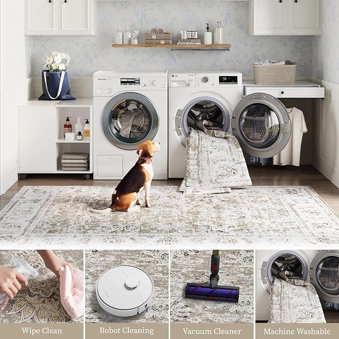 jinchan Round Rug 8ft Area Rugs - Vintage Floral Distressed Design Machine Washable Non-Slip Low-Pile Ultra-Thin Circle Rug for Living Room Dining Room Bedroom Home Office Farmhouse (8' Round,Taupe)