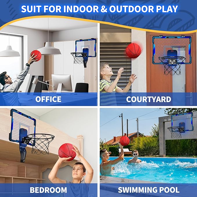 Basketball Hoop Indoor, Mini Basket Ball Hoop with 7 LED Lighting, Scoreboard, Over Door Basketball Hoop with 3 Modes, Volume Adjustable, Foldable, Basketball Toys Gifts for Kids Adults (Blue)