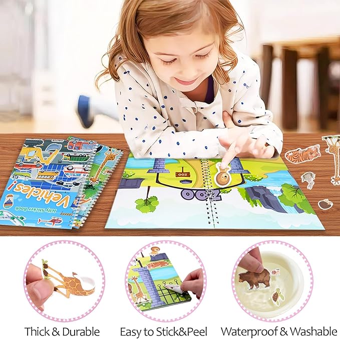 Jelly Sticker Book for Kids 2-4 Travel Essentials, Reusable Sticker Book + 8 Scenes + 2 Matching Games + 51 Large Animal Stickers for 1-3 Toddler Activities (Animals)