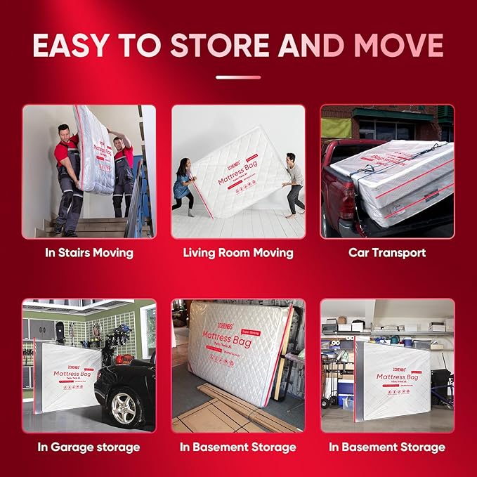 ZCHENBS® – Mattress Bags for Moving and Storage,Mattress Bag with Zippers,5 Mil Ultra-Thick Bed Bag,Waterproof,Anti-Tear,Heavy-Duty Mattress bag (Transaparent/Red, Twin/Twin XL-(2 Pack))