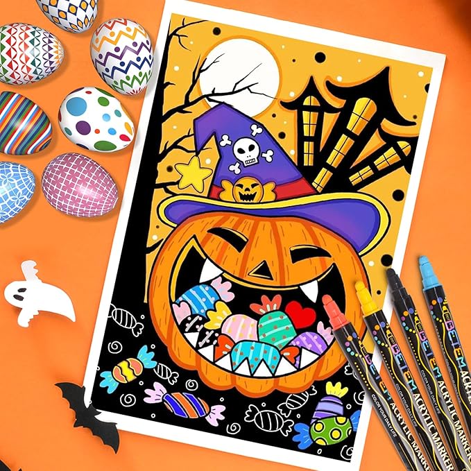 Betem 12 Colors Dual Tip Acrylic Paint Pens Markers, Premium Acrylic Paint Pens for Halloween Decorations, Wood, Canvas, Stone, Rock Painting, Glass, Ceramic Surfaces, Pumpkin Painting Kit DIY Crafts