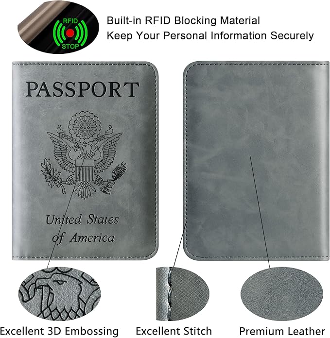 Passport Holder Cover Wallet Travel Essentials Leather Rfid Blocking Case Vacation Luggage Must Haves Travel Accessories for Men Women (116#Grey)