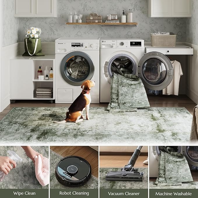 jinchan Hallway Runner Rug 2x10 Vintage Floral Distressed Design - Machine Washable Non-Slip Low-Pile Soft Thin Faux Wool Kitchen Carpet for Farmhouse Bedroom Laundry Room (2x10ft, Forest Green)