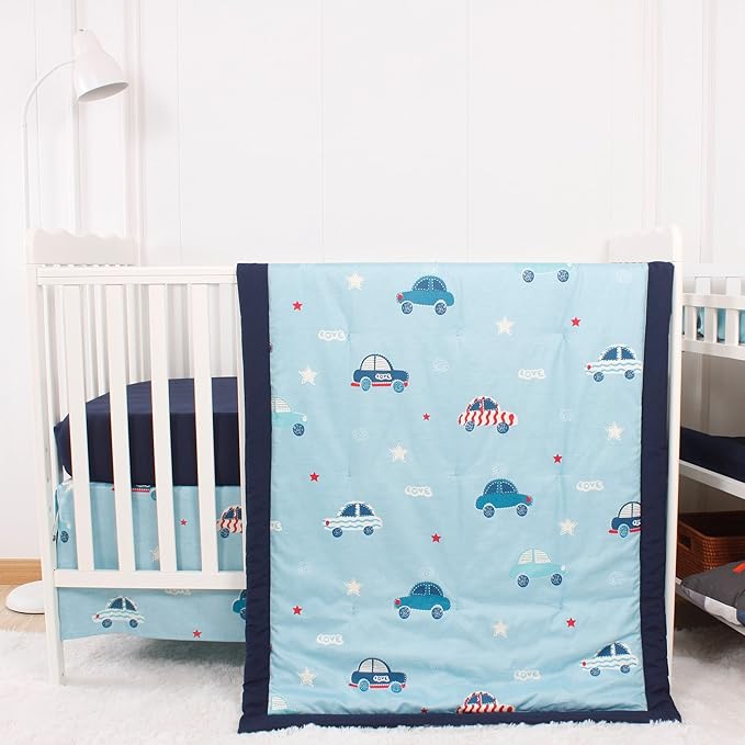 CaSaJa Baby 3-Piece Crib Bedding Set for Boys Girls, Including Soft Quilted Comforter(Blanket), Fitted Crib Sheet and Skirt, Soft Nursery Bedding Set Made of Silky Comfy Materials, Love Cars