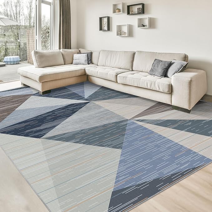 HOMFINE Washable Modern Area Rug - Geometric 10x14 Rugs for Living Room, Bedroom, Machine Washable Rug Soft Non Slip Non Shedding Area Rug - Blue, 10'x14'