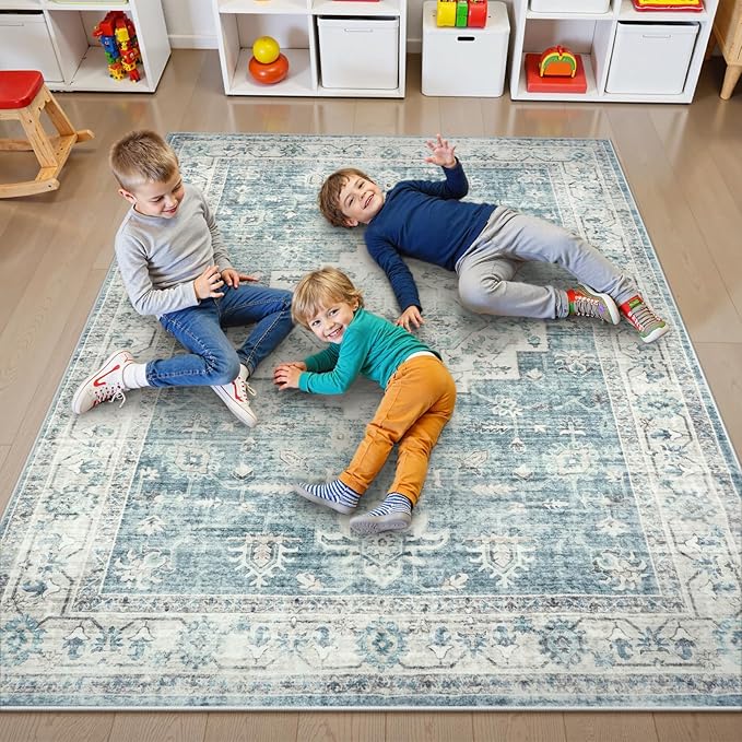 LIVEBOX Washable Area Rug 5x7 Rugs for Living Room Bedroom, Non-Slip Boho Indoor Carpet for Dining Room Office, Low-Pile Farmhouse Soft Carpets for Kids Nursery Room Playroom, Blue
