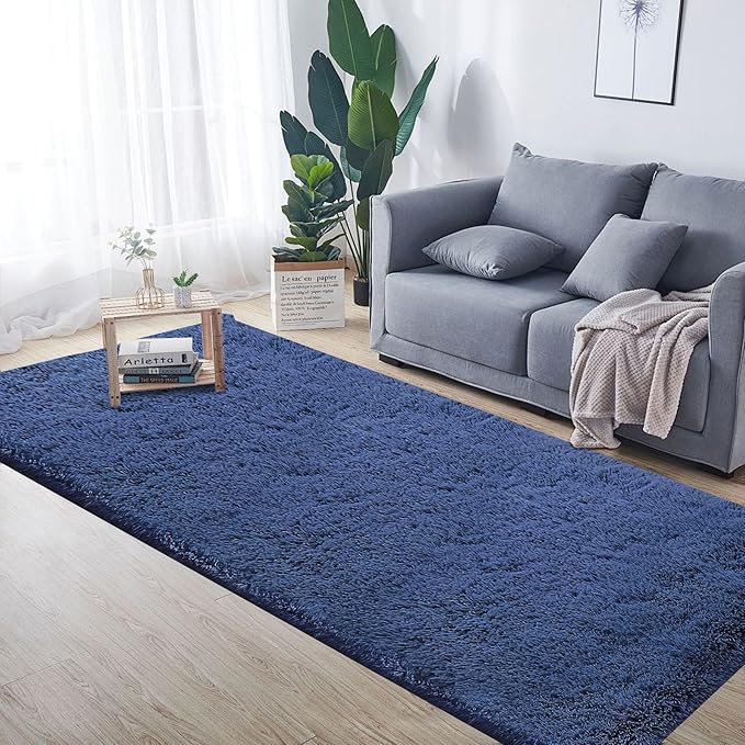 2x6 Runner Rug for Bedroom: Fluffy Shag Soft Washable Rugs Small Fuzzy Plush Indoor Carpet for Hallway Bedside Dorm Kids Girls Boys Room (Navy Blue, 2'x6')