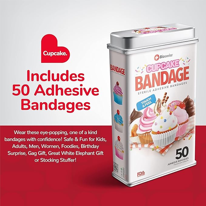 BioSwiss Bandages, Cupcake Shaped Self Adhesive Bandage, Latex Free Sterile Wound Care, Fun First Aid Kit Supplies for Kids, 50 Count