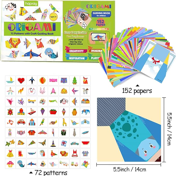 hapray Origami Kit for Kids Ages 5-8 8-12, with Guiding Book, 152 Paper with 72 Patterns, DIY Art and Craft Projects, Beginners Children's Day Gift Boy Girl
