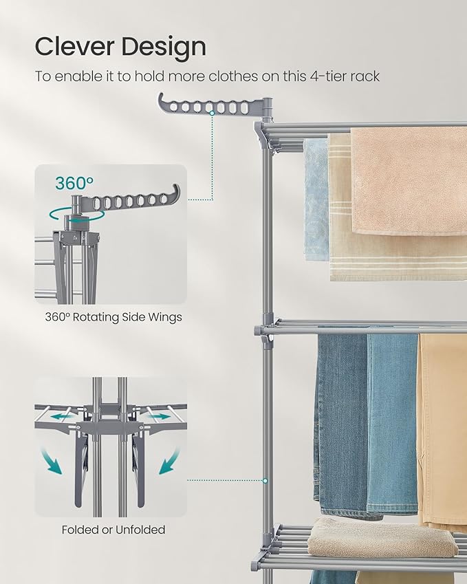 SONGMICS Clothes Drying Rack 4-Tier, Foldable Laundry Drying Rack 68.1-Inch Tall, Stainless Steel, Rolling Clothes Horses, Clothes Airer, Indoor Outdoor Use, Dove Gray ULLR703G01