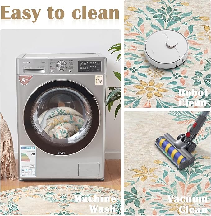 jinchan Round Rug 7ft Area Rugs,Vintage Floral Distressed Design Machine Washable Soft Non-Slip Low-Pile Ultra-Thin Circle Rug for Living Room Dining Room Bedroom Home Office (7' Round,Apricot Multi)