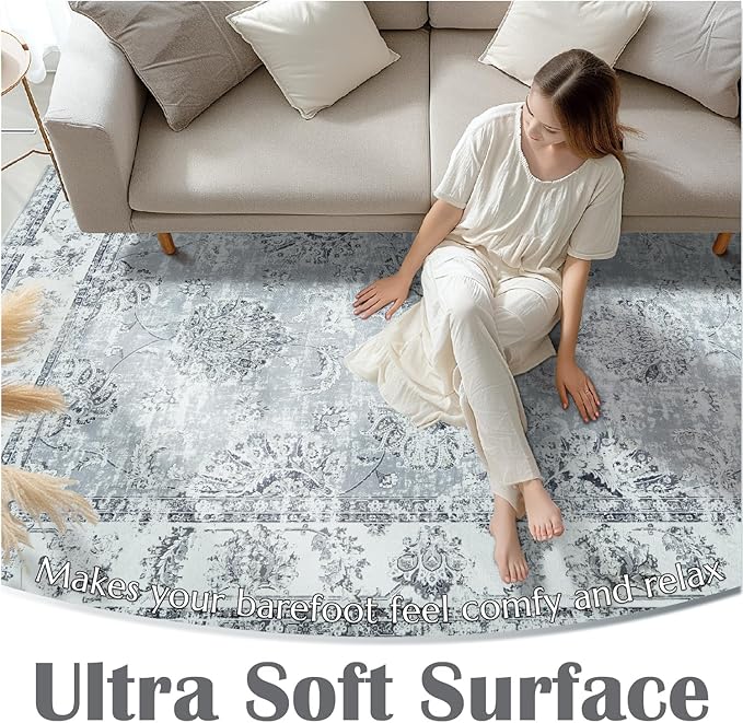 jinchan Runner Rug 2x5 Washable Hallway Runner- Vintage Floral Non Slip Low-Pile Soft Thin Kitchen Rug Distressed Carpet for Farmhouse Bedroom Entryway Laundry Room(2x5ft,Grey)