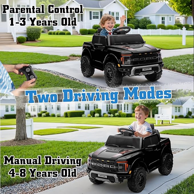 12V Ride on Car Licensed Ford F-150 Raptor, Kids Electric Car with Remote Control, LED Light/Music/MP3, Truck Bed Storage, 3-Point Seat Belt (12V, Black)