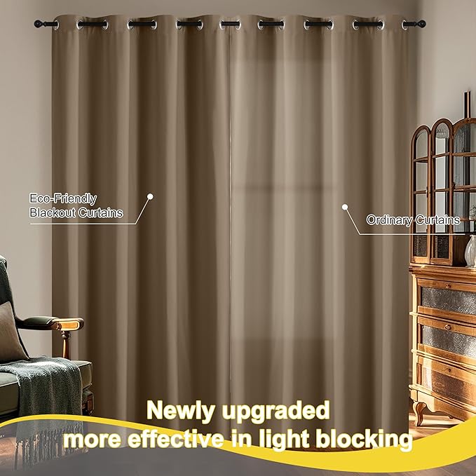 NICETOWN 100% Blackout Curtains for Bedroom, Thermal Insulated Window Drapes Room Darkening Cafe Curtains for Living Room with Grommet Top, 52 x 63 Inch Long, 2 Panels, Khaki