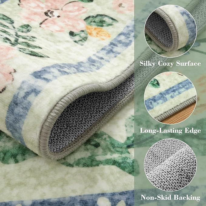 Wonnitar Washable Floral Round Rug, 6ft Sage Green Round Area Rugs for Bedroom Nursery, Boho Non-Slip Indoor Large Circle Carpets for Dining Room Living Room Kids Playroom