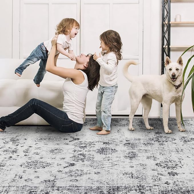 Washable Area Rugs 8x10, Large Rugs for Living Room, Carpet for Bedroom, Soft Faux Wool Retro Dining Room Rug, Non-Slip Backing Resistant Low Pile Vintage Print Rug for Home Office (White/Grey)