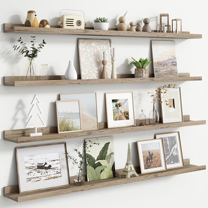 Floating Picture Ledge Shelves for Wall Set of 4, 48 Inch Wall Shelves with Lip Long Large Nursery Book Shelf for Toys Storage Kids Bookshelf Wall Mounted Living Room Bedroom Decor Frames