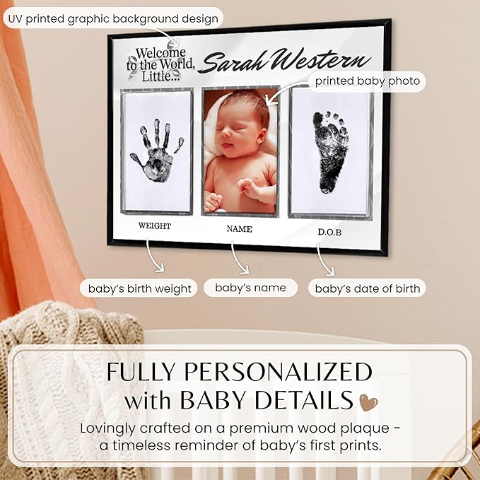 Inkless Hand and Footprint Kit, Baby Keepsake Plaque & Baby Shower Gifts - Ideal as Mom To Be Gift, Nursery Picture Frames, Clean Touch Hand and Footprint Kit (Style 1 - Design 4)
