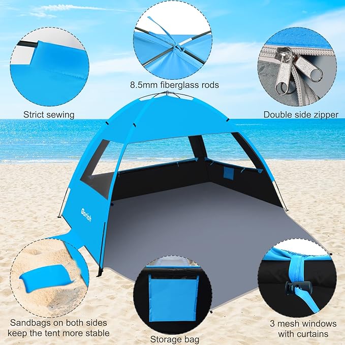 Gorich Beach Tent Sun Shelter for 3/4-5/6-7/8-10 Person with UPF 50＋ UV Protection, Lightweight & Easy Setup Beach Shade Canopy, Portable Beach Shade Tent Beach Cabana