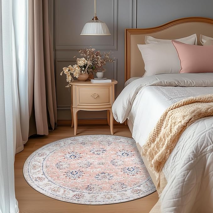 jinchan Round Rug 4ft Area Rugs Vintage Floral Distressed Design - Machine Washable Non-Slip Low-Pile Ultra-Thin Circle Rug for Entryway Bedside Living Room Dining Room Bedroom (4' Round,Pink)