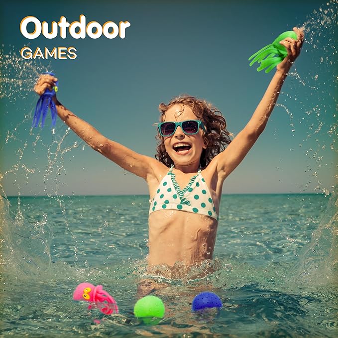 4E's Novelty Octopus Water Balls - Pack of 6 - Pool Toys for Kids Sensory Absorbent Water Splash Balls Bomb, Toddler Bath Toy, Swimming Pool Floating Swim Toys Outdoor Activity & Game