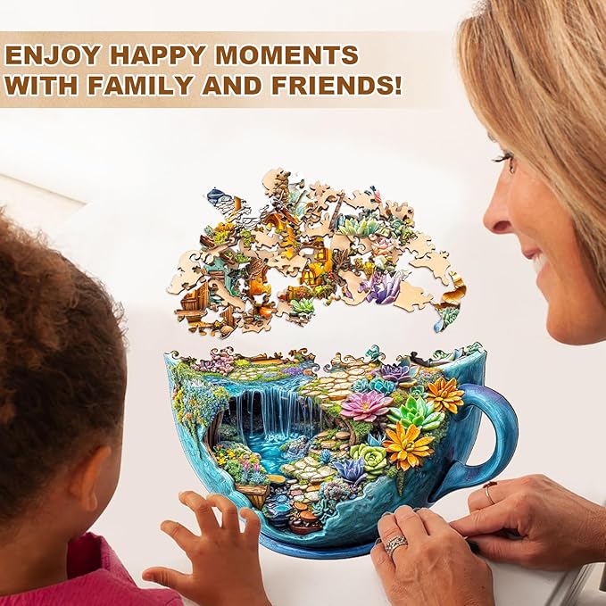 WOODBESTS Wooden Puzzles for Adults, Succulent Mug Wood Puzzles Adult(190 Pieces, M, 11.4 * 11.3in), Unique Shape Wooden Animal Jigsaw Puzzles, Birthday Gifts for Adults Family Game