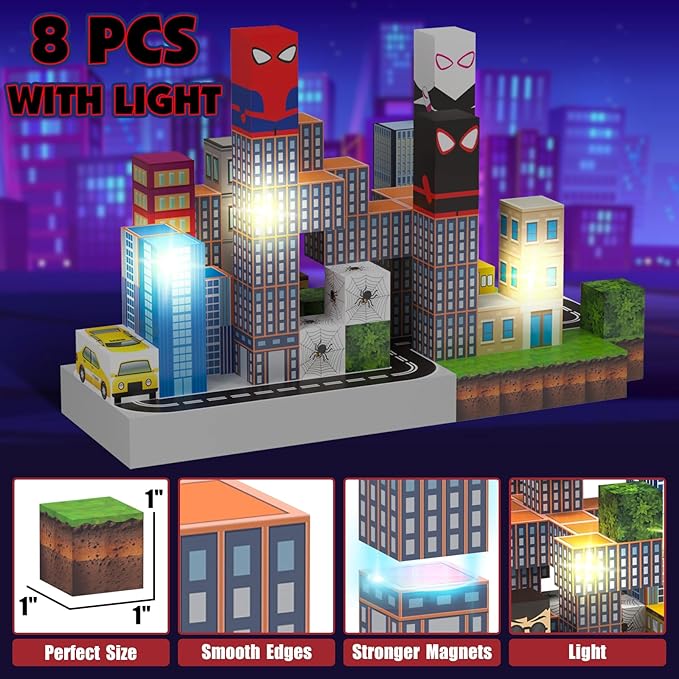 150 PCS Magnetic Blocks Building Toys Set, Spider Toys Light Up Magnetic Building Blocks for Boys Girls Ages 3+, 1 Inch Magnet Cubes STEM Sensory Construction Toy City Themes