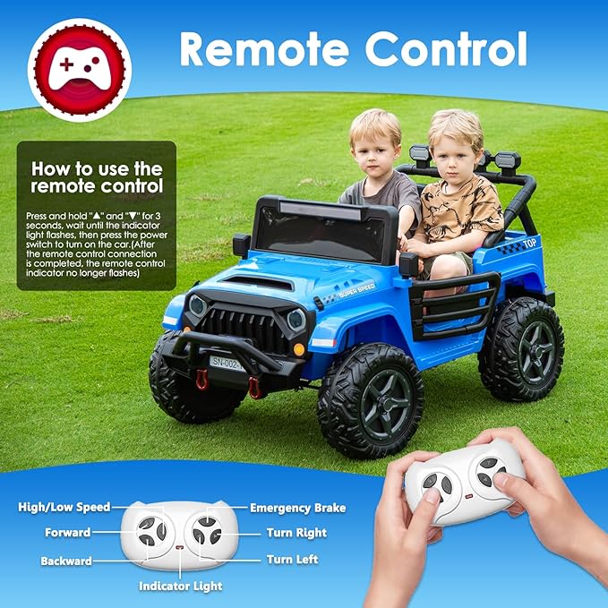 24V 2 Seater Ride On Truck with Remote Control 4WD Electric Car for Kids Ride On Car Battery Powered Ride On Toy Car with Music Player, LED Lights, Bluetooth, Rear Shock Absorber, Blue