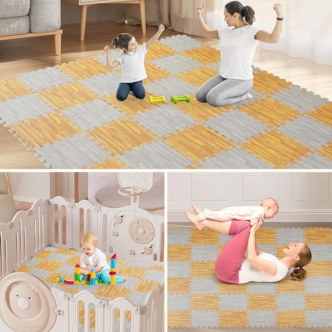 Skyweaver 24 Tiles Soft Non-Toxic Baby Play Mat for Floor EVA Foam Jigsaw Puzzle Play Mat, Interlocking Squares with 0.6inch for Babies, Toddlers & Kids Gym, Nursery, Playroom, Gray
