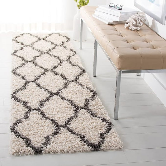 SAFAVIEH Dallas Shag Collection Runner Rug - 2'3" x 14', Ivory & Dark Grey, Trellis Design, Non-Shedding & Easy Care, 1.5-inch Thick Ideal for High Traffic Areas in Living Room, Bedroom (SGDS257H)