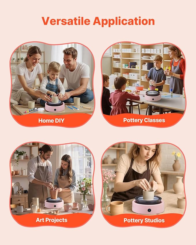 VEVOR Mini Pottery Wheel, 6 inch Turntable, Forward and Reverse Rotation, Adjustable Speed, Electric Clay Wheel for Kids and Beginners, with Shaping Tools, for Home DIY, Pottery Classes, Pink