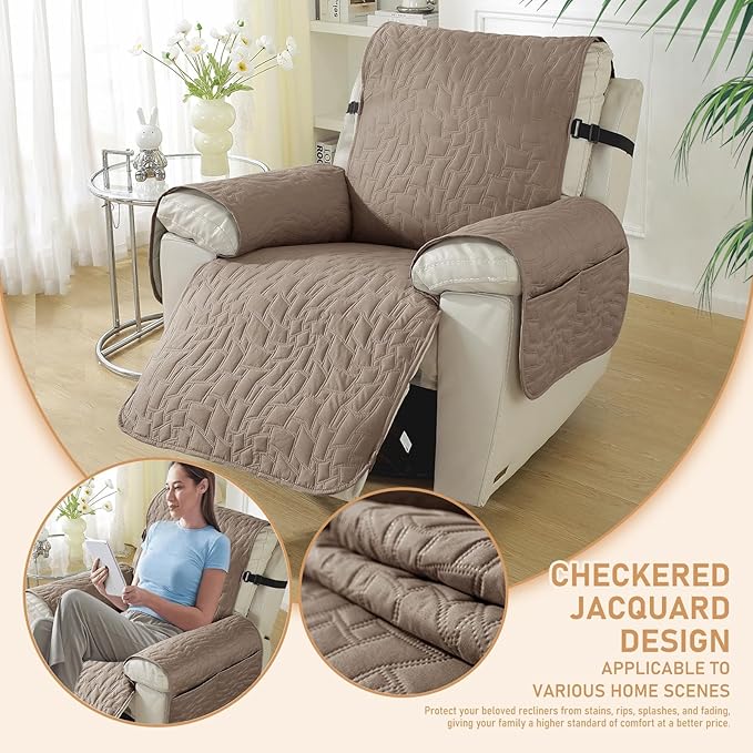 100% Waterproof Recliner Chair Covers for Reclining Chair, Small Recliner Covers That Stay in Place, Non-Slip Recliner Armchair Cover with Pockets for Kids, Pets, Dogs, Cat, Washable,Khaki,23IN