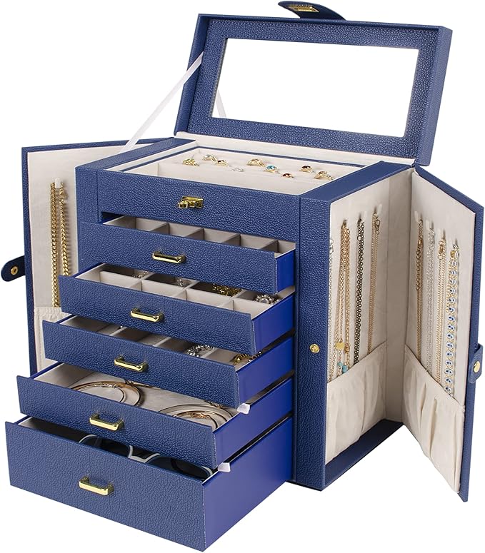AKOZLIN Large Jewelry Box Organizer Functional Lockable with Big Mirror, Leather Jewelry Storage Case for Women Girls Ring Necklace Earring Bracelet Holder Organizer Blue