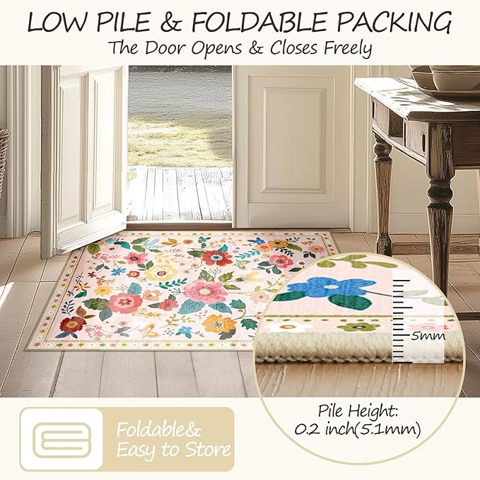 Floral 6ft Area Rug Machine Washable Soft Print Boho Carpet Non Slip Doormat Low Pile Flower Area Rugs for Living Room Bedroom Nursery Kitchen Dining Room Indoor-Pink