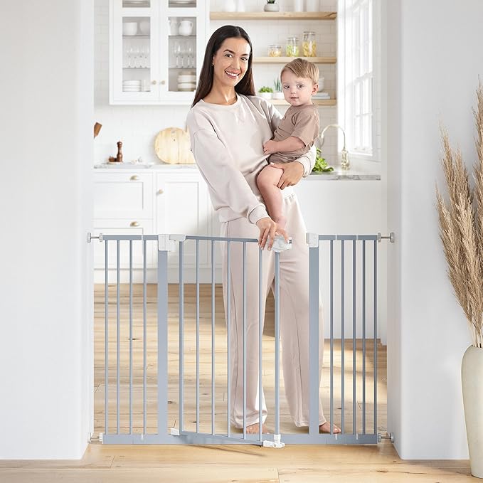 Comfy Cubs Baby Safety Gate with 3 Extensions - Adjustable 42" x 1.9" x 30" Q195 Steel Doorway Barrier - Powder-Coated Finish for Stairs and Doorways - Walk-Through Design Pet Gate - Pacific Blue