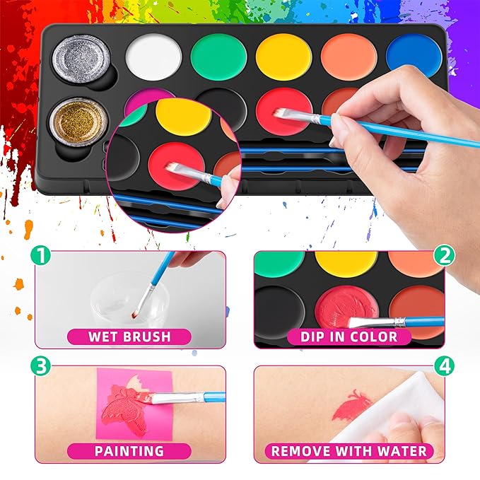 Maydear Face Painting Kit for Kids with 12 Colors Safe and Non-Toxic Large Water Based Face Body Paint, Professional Face Paint Kit - 10 Matte+2 Glitter