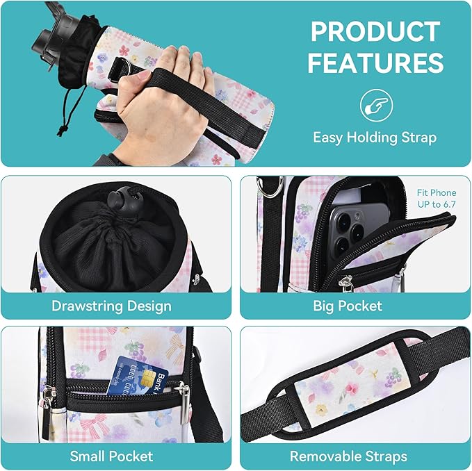 25/32/40/64oz Water Bottle Bag Holder Carrier-Insulated Crossbody Sling Case Sleeve with Strap & Pockets for Men Women Gym Cycling Travel Walking Hiking Camping