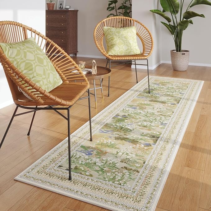 Runner Rug Impressionist-Style Vintage Kitchen Rugs Non Slip Washable Soft Carpet Runner for Kitchen Laundry Bedroom Bathroom, Beige