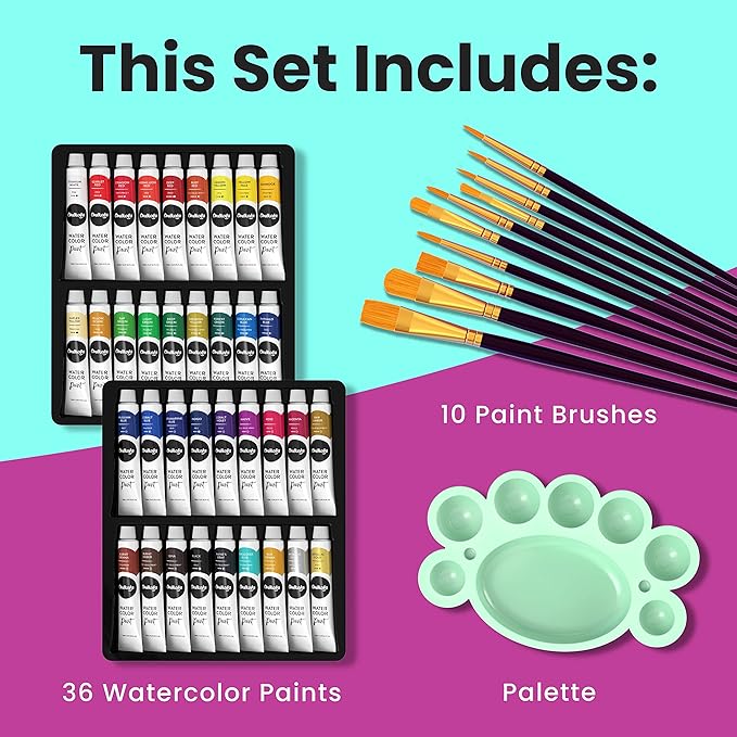 Chalkola Watercolor Paint Set for Adults, Kids, Beginner & Professional Artists - 36 Watercolor Tubes Set (12ml, 0.4oz), 10 Painting Brushes & 1 Palette | Vibrant Water Color Art Painting Supplies
