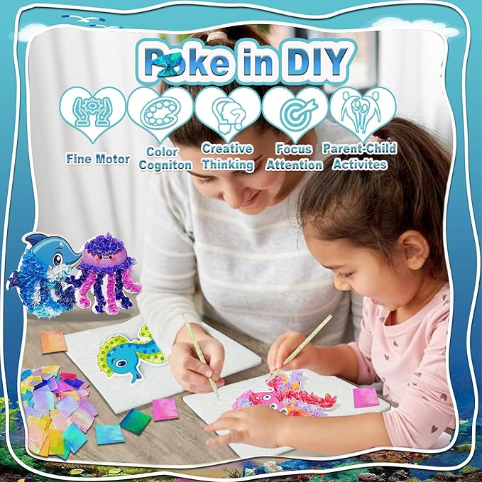 JRD&BS WINL Magical Ocean Animal Poke Art - Dolphin, Jellyfish, Seahorse, Turtle, Octopus | No-Mess Craft Kit for Kids 4-9 | Marine Biology Learning Toy | Creative Gift for Preschoolers