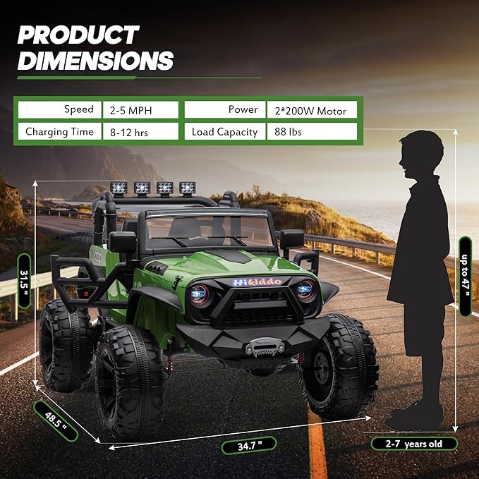 24V 9Ah Ride on Toy for Big Kids, 4x4 2 Seater Ride on Car Truck w/Remote Control, 4x200W Motors - Green