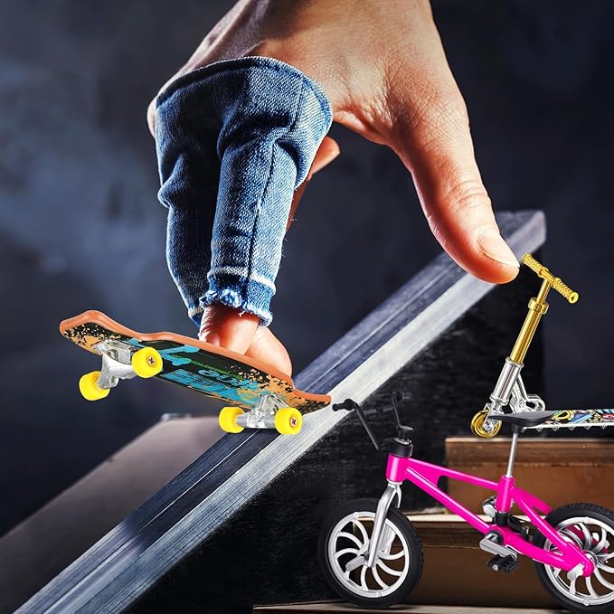 Skylety 31 Pieces Mini Finger Toys Set for Boy Girl Includes 6 Finger Skateboards, 4 Bikes, 2 Mini Scooters 4 Swing Board 8 Matched Wheels 7 Tool Accessories Educational Toy Party Favor(Novel)